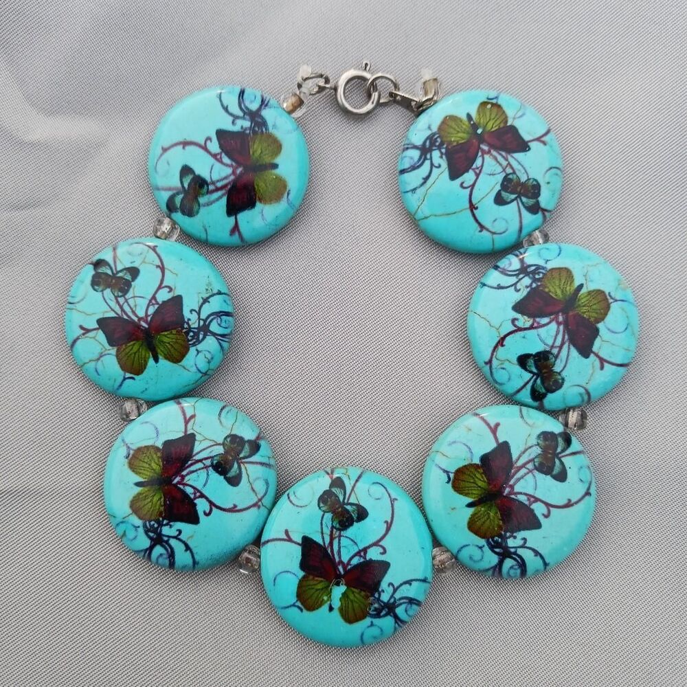 Vintage Faux Turquoise Chunky Flat Coin Dark Butterfly Bracelet Boho Whimsigoth
